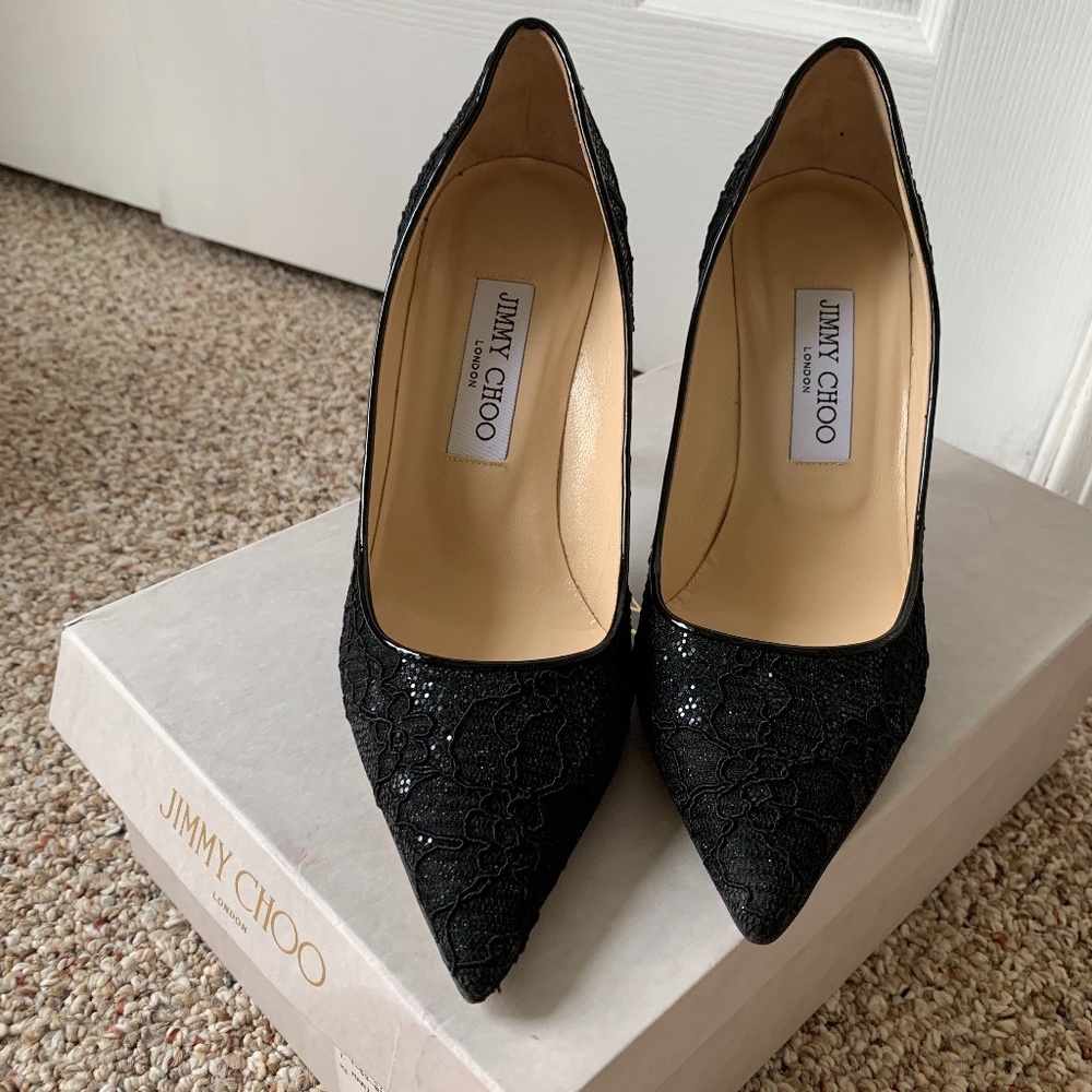 NWT Jimmy Choo Agnes Glitter Lace Pump Black 37.5